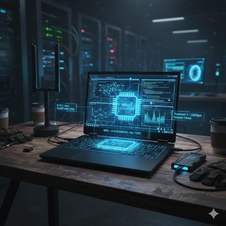 Best cybersecurity laptop setup 2026 featuring NPU chip visualization and Wi-Fi 7 network traffic