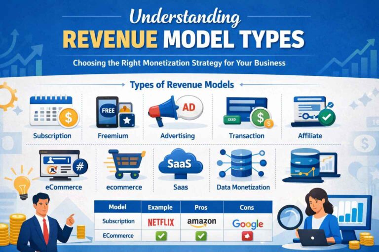 Infographic explaining different revenue model types including subscription, freemium, advertising, transaction-based, SaaS, and eCommerce models